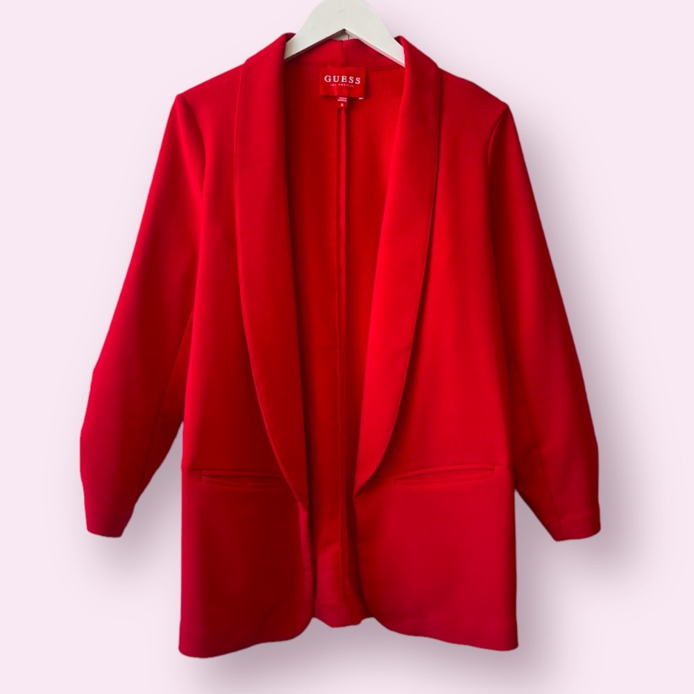 Guess Red Blazer Shawl Collar Open Front